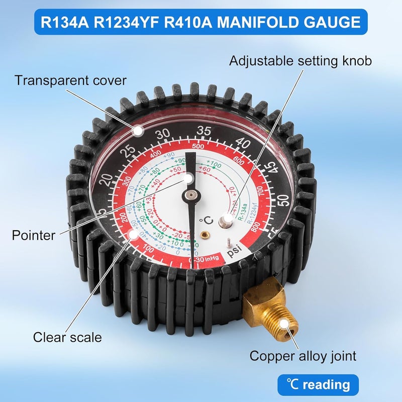 Tigbear R134A R1234YF R410A Refrigeration Pressure Gauge, Manifold Gauge Kit, High and Low Recharge Manifold Gauge with 1/8" Male NPT, 800 PSI, 80mm - Image 2
